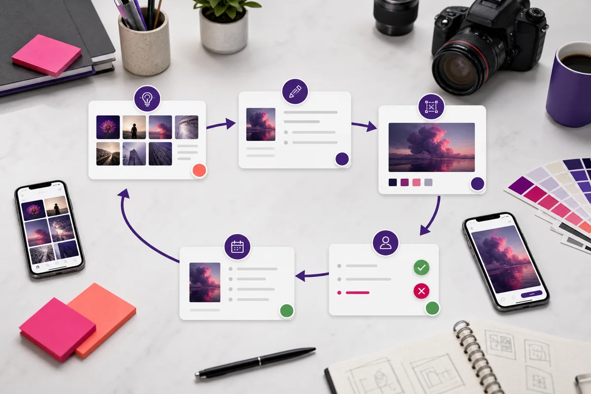 Workflow social media entre idées, rédaction, création visuelle, validation et programmation