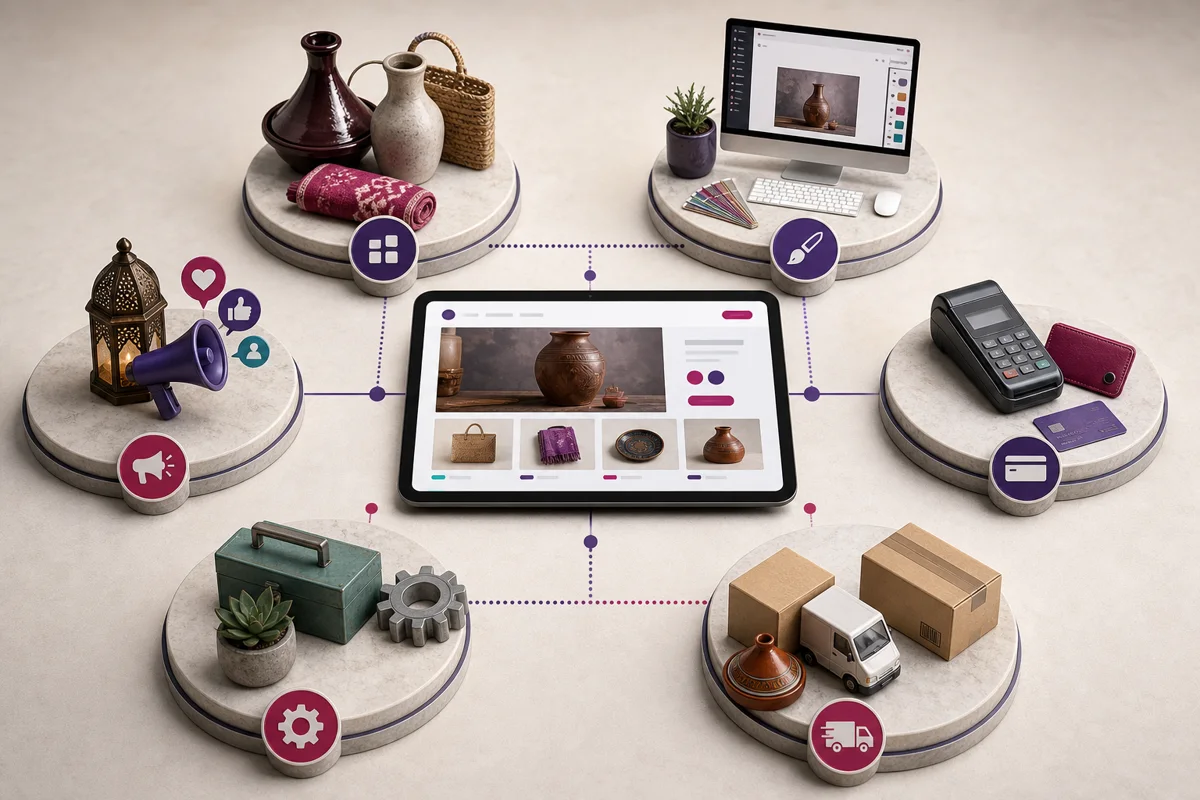 Composants du budget e-commerce : catalogue, design, paiement, livraison, maintenance et acquisition
