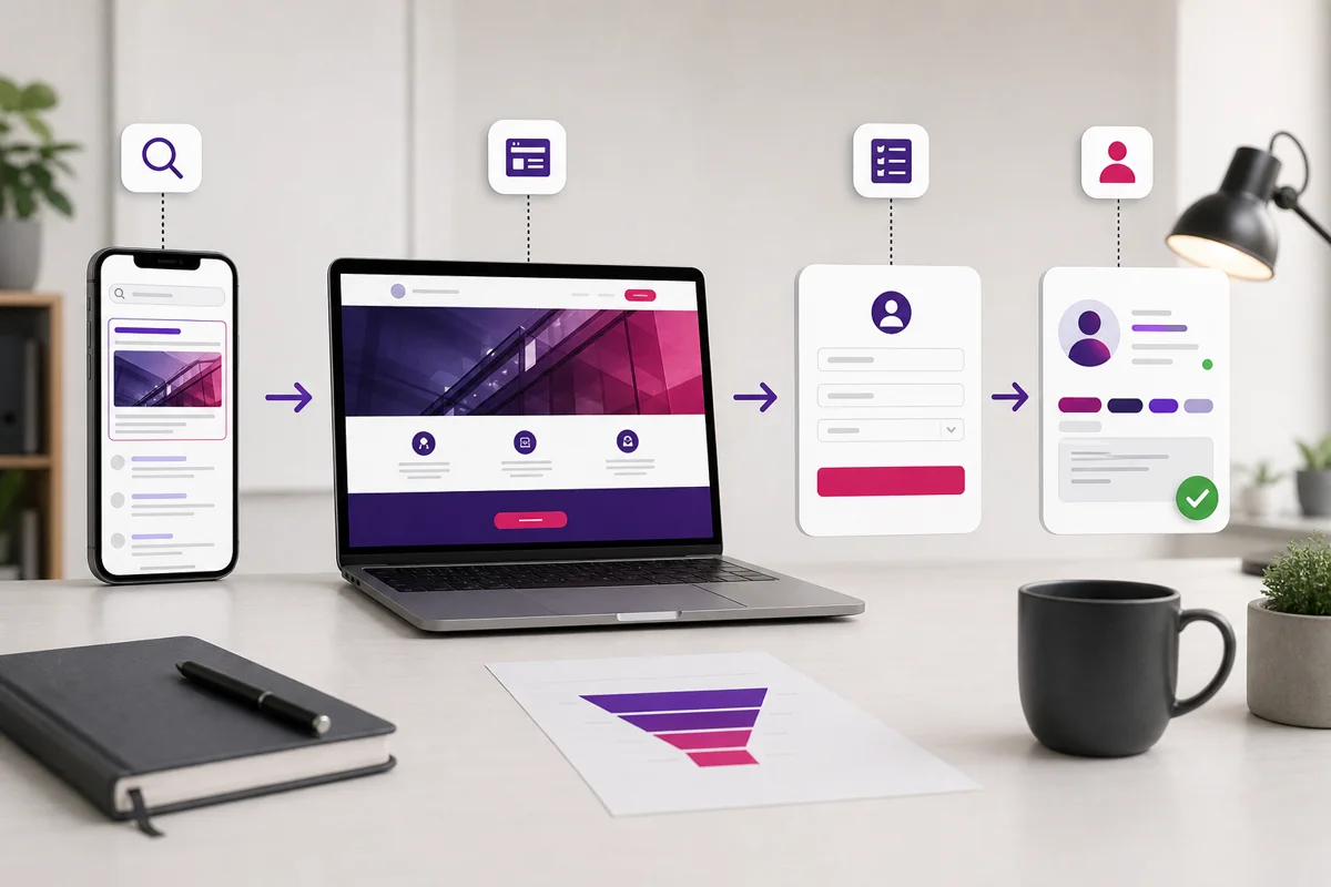Parcours de conversion depuis une annonce vers une landing page, un formulaire et un lead qualifié